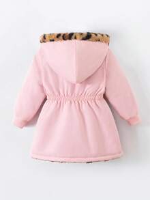 SHEIN Playful Pals 女婴新生儿0-3岁秋冬季保暖双面连帽仿毛皮法兰绒豹纹和纯黑色中长外套 - 彩色 - 查看 2