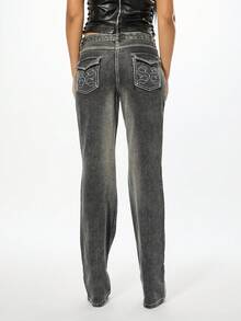SUMWON WOMEN Cotton Low Rise Washed Denim Flare Jeans With Studded Details And Contrast Stitching For Women - Dark Grey - View 2