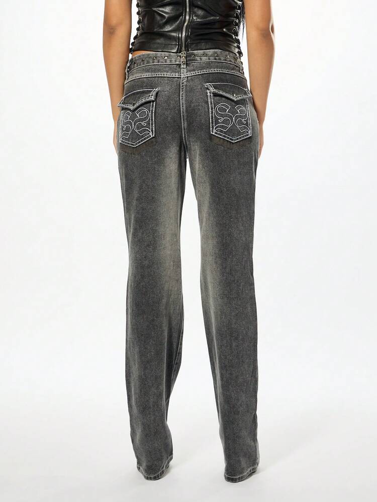 SUMWON WOMEN Low Rise Studded Flare Jeans With Contrast Stitching