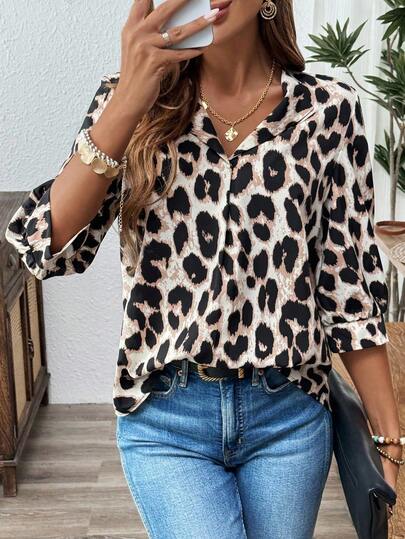 SHEIN LUNE Plus Size Casual Leopard Print Bishop Sleeve Blouse, Western Wear, Boho, Hippie, Cowgirl, Bohemian, Old Money,Summer, Concert, Rave Festival Summer Boho Old Money Summer Spring Break Rave Festival Spring Break