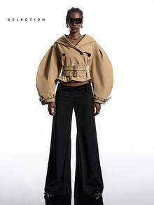 LYSMO SELECTION  2025 New Arrive Minimalism Fall Women Clothes Cargo Solid Color Fashion Exaggerated Design Oversize Hat Long Sleeve Jacket Bomber Jacket Halloween Clothes Women Business Casual Woman Back To School, Homecoming, 2000s Style, Y2K Clothes Women, Streetwear,For Going Out Outfits Gothic Clothes Poncho - Khaki - View 4