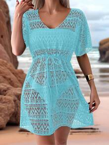 SHEIN Swim Vestido de cubre encaje transparente de unicolor con diseño hueco para la playa para mujer