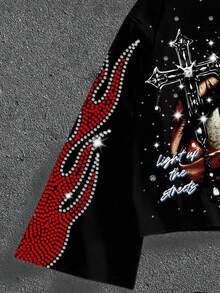 Manfinity Roghcode 男式 ZONE917 短款星空水钻眼睛和火焰图案印花黑色喇叭袖长袖 T 恤，秋季 - 彩色 - 查看 4