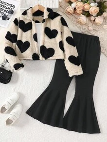 Elladie kids 3 件套青少年女孩冬季新装：2-25 白色吊带背心、蓬松心形印花夹克、休闲喇叭裤、简约而时尚的家居服、户外、通勤多功能防寒套装秋季 - 卡其色 - 查看 5