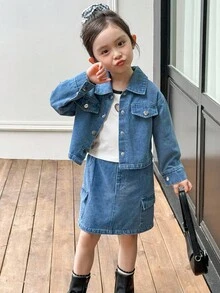 Genkimix Kids 3pcs/Set Young Girl Autumn School Back-To-School Outfit,Patchwork Heart Embroidered Vest,Denim Jacket,Casual Skirt,Fashion Street Style Fall Winter - Blue - View 4