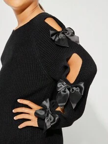 Radiana Tween Girls Casual Round Neck Long Sleeve Hollow Out Bow Sweater, Autumn/Winter - Black - View 1