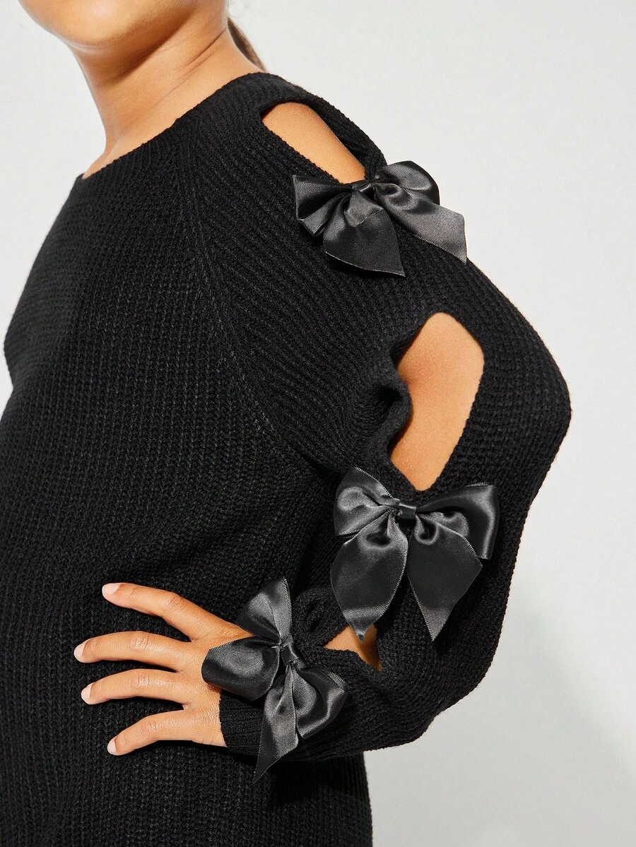 Radiana Tween Girls Casual Round Neck Long Sleeve Hollow Out Bow Sweater, Autumn/Winter - Black - View 1