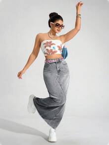 SHEIN ICON 大码女式复古水洗牛仔裙，秋冬 - 淺灰色 - 查看 6