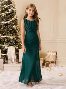 Đầm dự tiệc thanh lịch cho bé gái tuổi teen, thích hợp cho lễ tốt nghiệp, đám cưới, dạ hội, đầm dạ hội màu xanh ngọc lục bảo bằng chiffon không tay, dáng midi, thích hợp cho Halloween, tiệc Giáng sinh, các dịp trang trọng; đầm công chúa bằng voan voan thời trang cho mùa tựu trường. - màu xanh lá - Xem 1