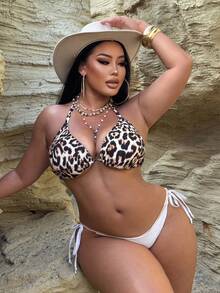 Swim SXY 3 件套大码女式泳衣上衣，豹纹混色针织面料休闲背心式细肩带比基尼上衣夏季 - 彩色 - 查看 7