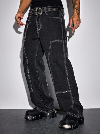 Street Life Jeans da uomo con gamba dritta e allentata con borchie