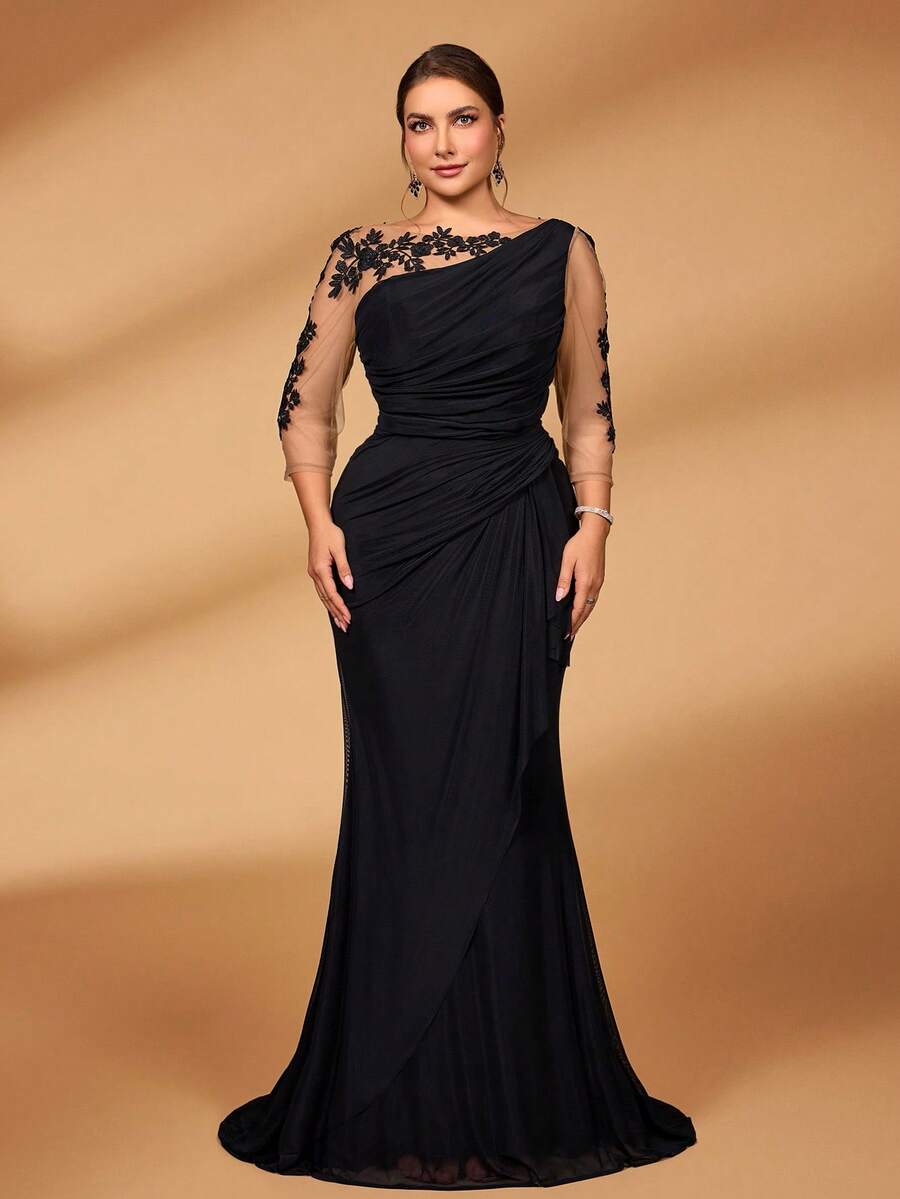 Serin Plus Size Elegant Luxurious Embroidered Lace Sheer Long Sleeve Elastic Knit Mesh Ruched Ruffle Mermaid Dress, Suitable For Weddings, Parties, Vacations, Galas, Mother Of The Bride Gown