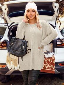 SHEIN LUNE Plus Size Casual Solid Color Side Slit Sweater, Autumn/Winter - Apricot - View 3