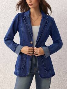 Selenza 女式秋季翻领长袖单排扣休闲牛仔西装外套 - 藍色 - 查看 3