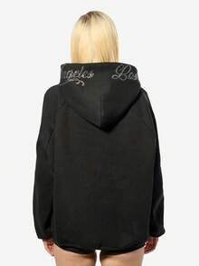 SUMWON WOMEN 女式超大号水钻连帽衫，带装饰文字，长袖套头衫，适合冬季休闲穿着 - 黑色 - 查看 2