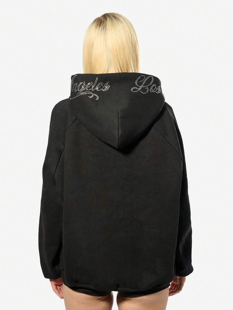 SUMWON WOMEN Oversized Rhinestone Hoodie With Decorative Text