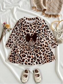 Infant/Baby Girl Playful Leopard Print Brown Bow Long Sleeve Dress, Baby Girl Clothing, Infant & Toddler Clothing, Girls' Infant & Toddler Clothing, Girls' Infant & Toddler Tops, Girls' Infant & Toddler Dresses, Vacation, Party, Leopard Print, Suitable For Spring, Autumn, Winter, 6M-3T Baby Girl Leopard Dress Infant Girl Leopard Print Dress Baby Leopard Outfit Baby Girl Long Sleeve Leopard Dress Leopard Print Baby Clothes Fall - Multicolor - View 3