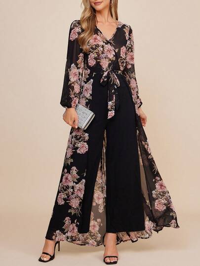 Amorya Women's Elegant Floral Print Wide Leg Jumpsuit  Winter Clothes