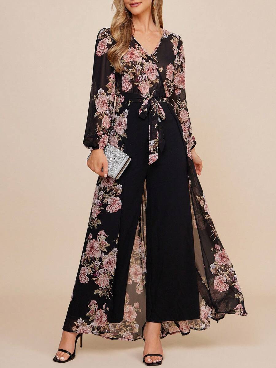 Amorya Women's Elegant Floral Print Wide Leg Jumpsuit  Winter Clothes