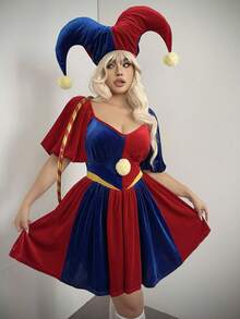 Sunspun 加大码女式天鹅绒方领泡泡袖拼色短袖小丑万圣节优雅休闲角色扮演 A 字裙 - 彩色 - 查看 1