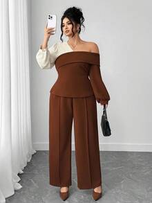Elenzga 2pcs Plus Size Women's Knit & Woven Patchwork Asymmetrical Collar Shirt And Pants Set,White,Autumn,Elegant,Sequin,Dinner Elastic Comfortable Outfits - Brown - View 4