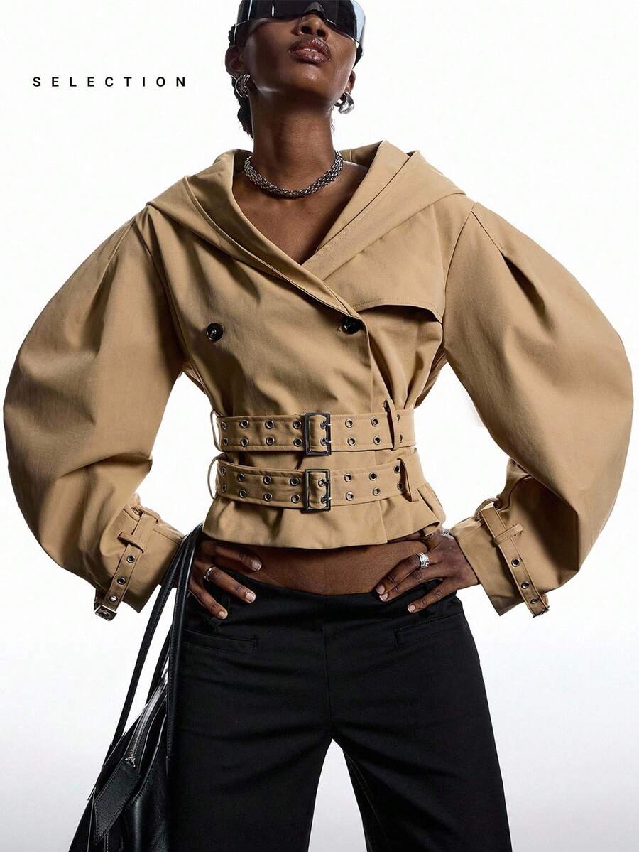 LYSMO SELECTION  2025 New Arrive Minimalism Fall Women Clothes Cargo Solid Color Fashion Exaggerated Design Oversize Hat Long Sleeve Jacket Bomber Jacket Halloween Clothes Women Business Casual Woman Back To School, Homecoming, 2000s Style, Y2K Clothes Women, Streetwear,For Going Out Outfits Gothic Clothes Poncho - Khaki - View 1