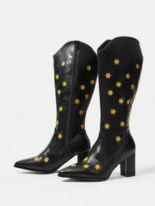Styleloop Botas occidentales de tacón grueso con punta puntiaguda y flecos de ante para mujer, botas altas de ajuste ceñido - Negro - Ver 3