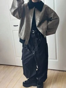 FRIFUL 女士时尚休闲PU仿羊羔绒领拼接夹克皮夹克 - 灰色 - 查看 2