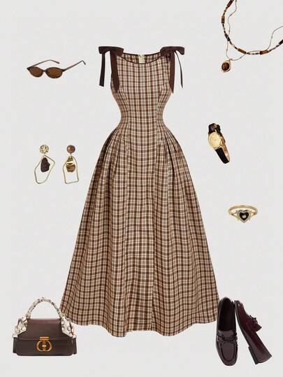 SHEIN MOD فستان مناسب مع ربطة عنق بشكل عقدة الفراشة بنمط المربعات اللون البني الداكن مقاس كبير الحجم