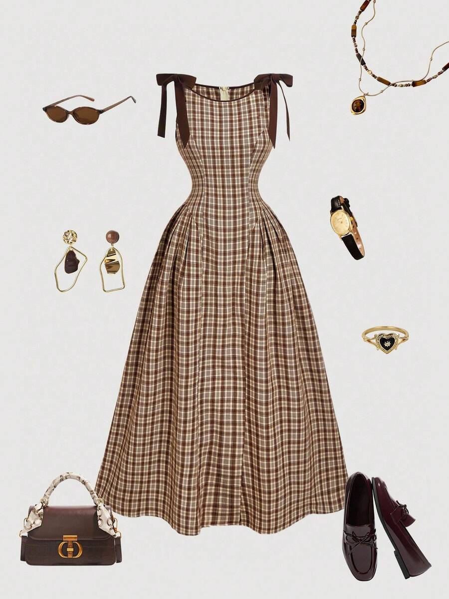 SHEIN MOD 女式黑白格子蝴蝶结修身连衣裙 - 卡其色 - 查看 1