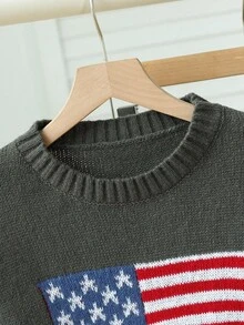 SHEIN Explorewe Girls' Casual US Flag Design Knit Sweater, Round Neck Long Sleeve Star Striped Pullover Knit Top, Suitable For Autumn/Winter Fall - Dark Green - View 4