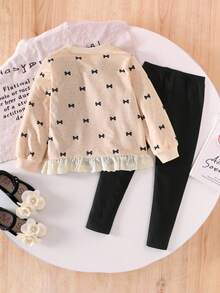 Elladie kids Bộ đồ 2 mảnh cho bé gái, kiểu dáng thường ngày, dễ thương, gồm áo nỉ chấm bi in nơ và quần legging cạp chun màu trơn, thích hợp cho mùa tựu trường thu đông. - Màu Khaki - Xem 2