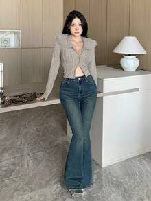 DAZY Women's Plush Collar Patchwork Fitted Short Cardigan, Long Sleeve T-Shirt, Autumn/Winter