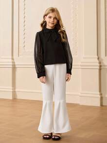 青少年女孩优雅可爱的黑色蝴蝶结长袖上衣、柔软薄纱灯笼袖、白色喇叭裤衬衫套装秋冬 - 黑色 - 查看 5