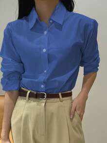DAZY Blus Lengan Panjang Wanita Warna Polos untuk Kasual/Bisnis (untuk bepergian) - Biru - View 5