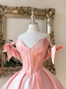 Lovelzi Elegant Luxurious Romantic Shiny Satin Off Shoulder Exaggerated Big Bow Sleeve Pleated Peplum Hem Dress, Suitable For Evening Party, Wedding, Gala - Baby Pink - View 4