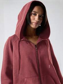 SHEIN EZwear 大码复古做旧棉质卫衣外套，秋冬女装，适合秋冬季节、圣诞节、新年、感恩节、派对、婚礼、海滩、毕业典礼、时尚、优雅、休闲、外出、约会、预约、通勤等场合。 - 紅色 - 查看 3