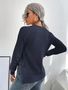 EMERY ROSE 女士休闲纯色罗纹针织侧开衩毛衣，秋冬 - 寶藍色 - 查看 2