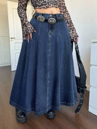 SHEIN ICON EZwear Plus Size Blue Casual Loose A-Line Denim Long Skirt Vintage Denim Halloween Outfits Vintage Elegant Women High Waist Casual A-Line Flare Skirt Homecoming Going Out Skirt Christmas Outfits Fall Skirts Fall Clothes Thanksgiving Skirt Maroon Skirt Fall Long Skirt Winter Skirt Winter Women Clothes