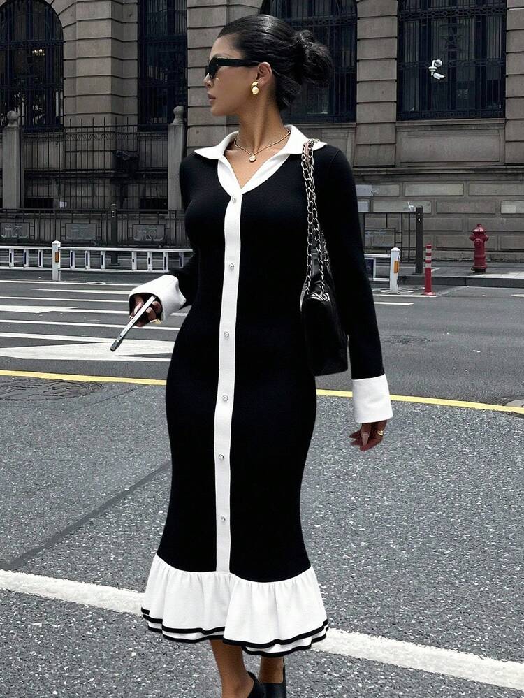 Women's Elegant Knitted Dress With Contrast Color Patchwork And Ruffle Hem, Autumn Sweater Dress