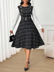 SHEIN Lady Elegant Waist Cinched Long Sleeve Women's Midi Dress