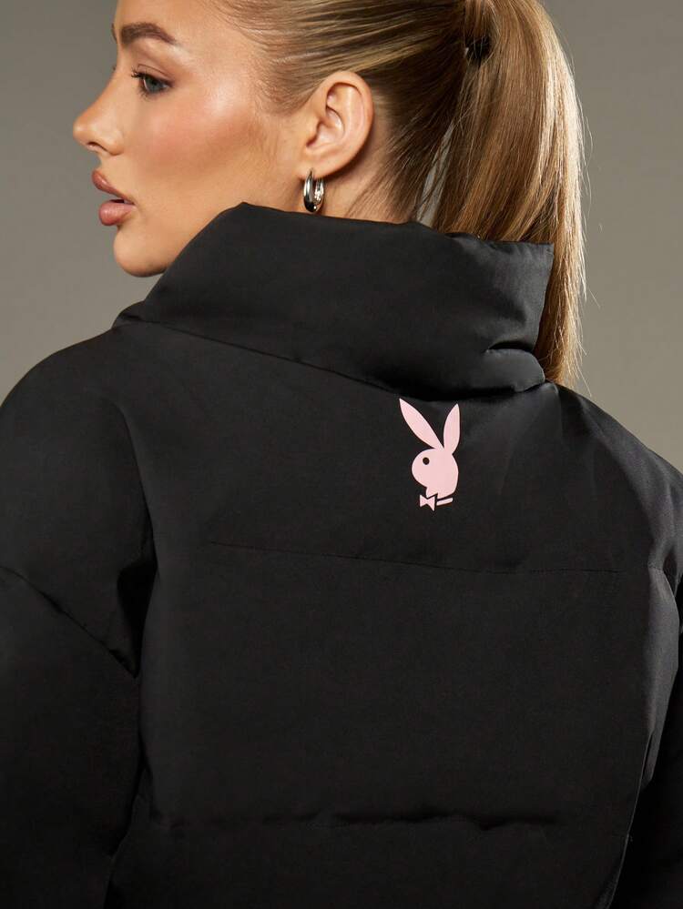 Missguided x Playboy Winter Puffer Jacket Cropped Design High Neck Quilted Warm Padded Insulated Outerwear Fashion Statement Cozy Streetwear Cold Weather Casual Luxury Bomber Style Oversized Fit