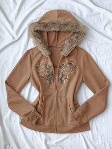 SHEIN EZwear Women's Casual Patterned Rhinestone Faux Fur Hooded Jacket, Autumn Women Fall Clothes Women Winter Clothes Sweatshirts For Women Women S Fall Clothes Brown Sweatshirt Women Sweatshirts - Coffee Brown - View 4