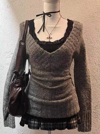 Attitoon 女士休闲复古V领修身灰色毛衣，适合秋冬季