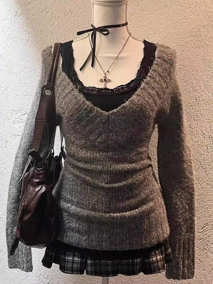 Attitoon 女士休闲复古V领修身灰色毛衣，适合秋冬季 - 灰色 - 查看 1