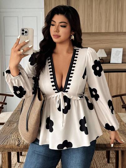 Weeklong 大码女式休闲花卉印花荷叶边饰带袖口长袖衬衫