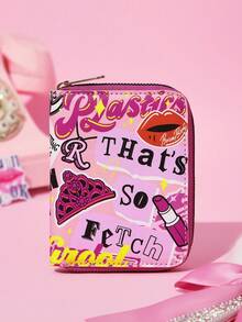 Mean Girls | SHEIN 1pc Piece Cute Cartoon Pattern Printed Zipper Pu Leather Short Wallet, Organ Compartment, Card Storage, Suitable For Students, Ladies, That's So Fetch, Queen Bee - Pink - View 7