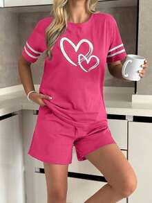 RueChic 女士两件套加大条纹心形印花短袖衬衫和短裤家居睡衣套装 - 玫紅色 - 查看 7