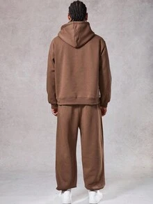 DAZY Conjunto de chándal con cordón en la cintura y forro térmico de color marrón sólido para hombres, otoño/invierno