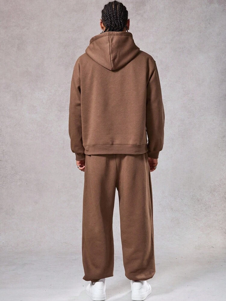 Solid Color Brown Thermal Lined Drawstring Waist Jogger Suit For Men, Autumn/Winter